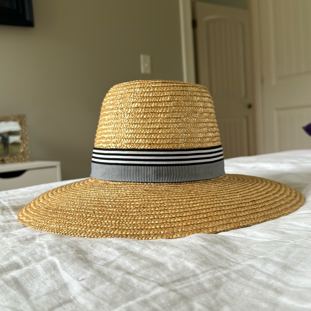 J. Crew Natural Straw Sun Hat with Black and White Striped Band